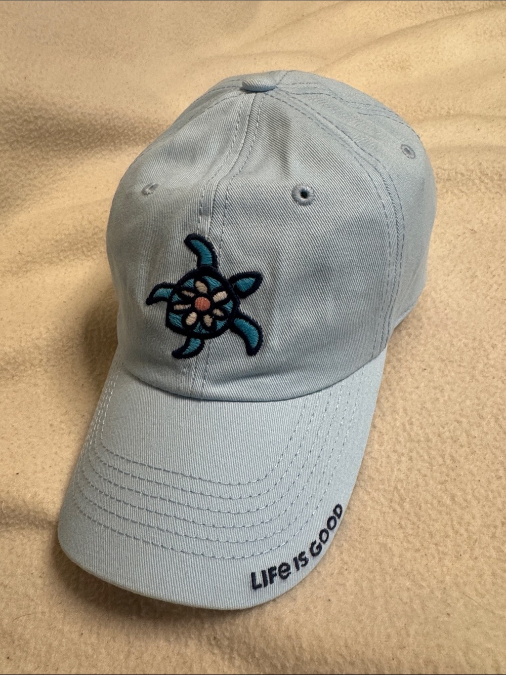 Life is Good Sea Turtle Sunflower Embroidered Hat Light Blue OS